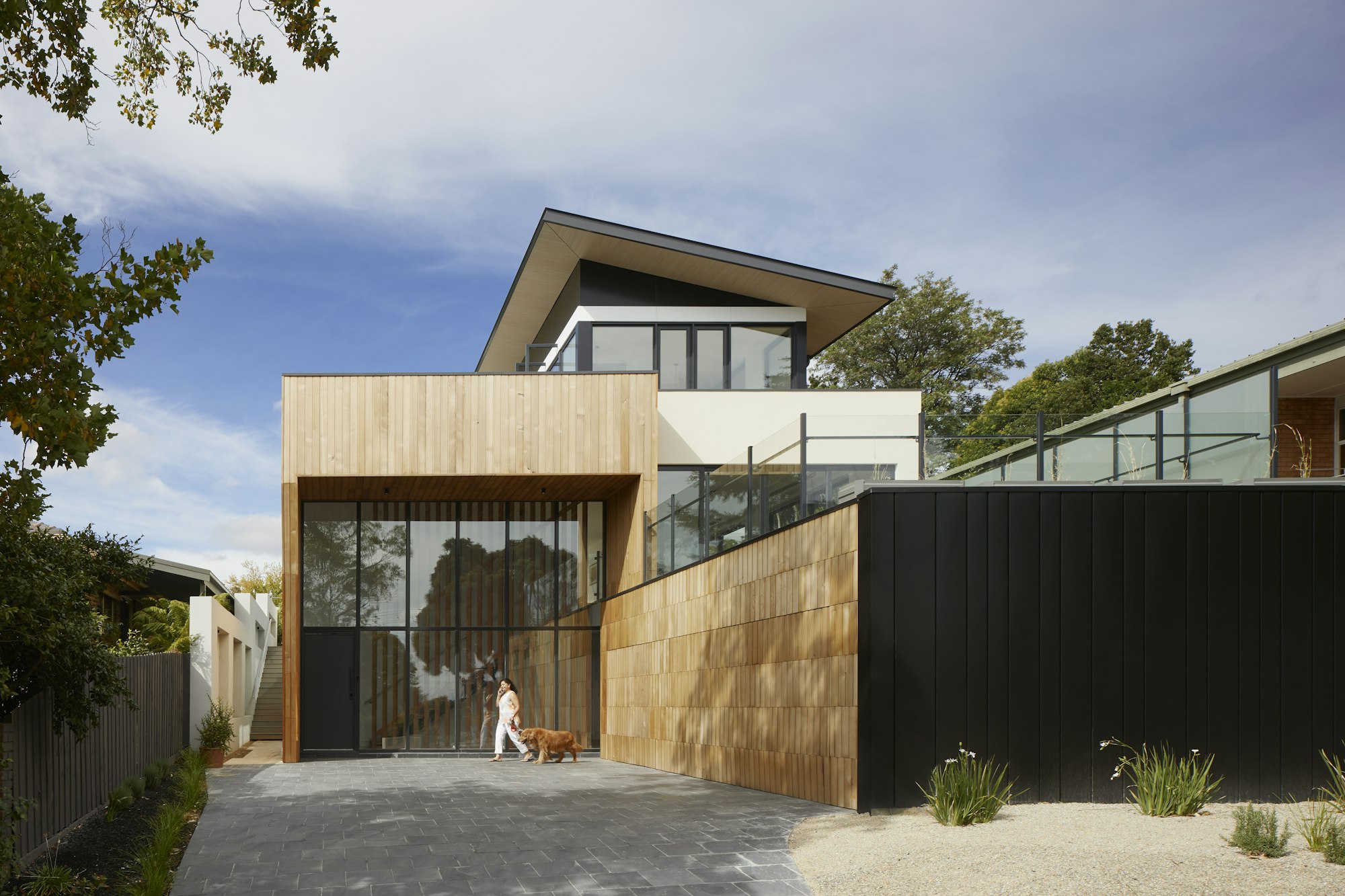 Paver courtyard and planted beds at a contemporary home